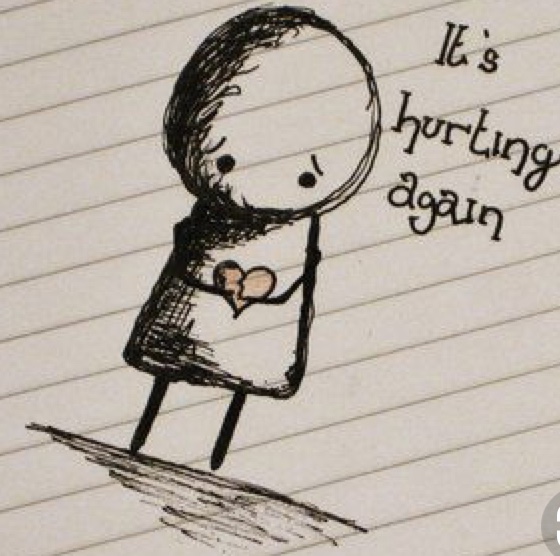 Picture showing a stick figure with flowers saying It’s Hurting again .