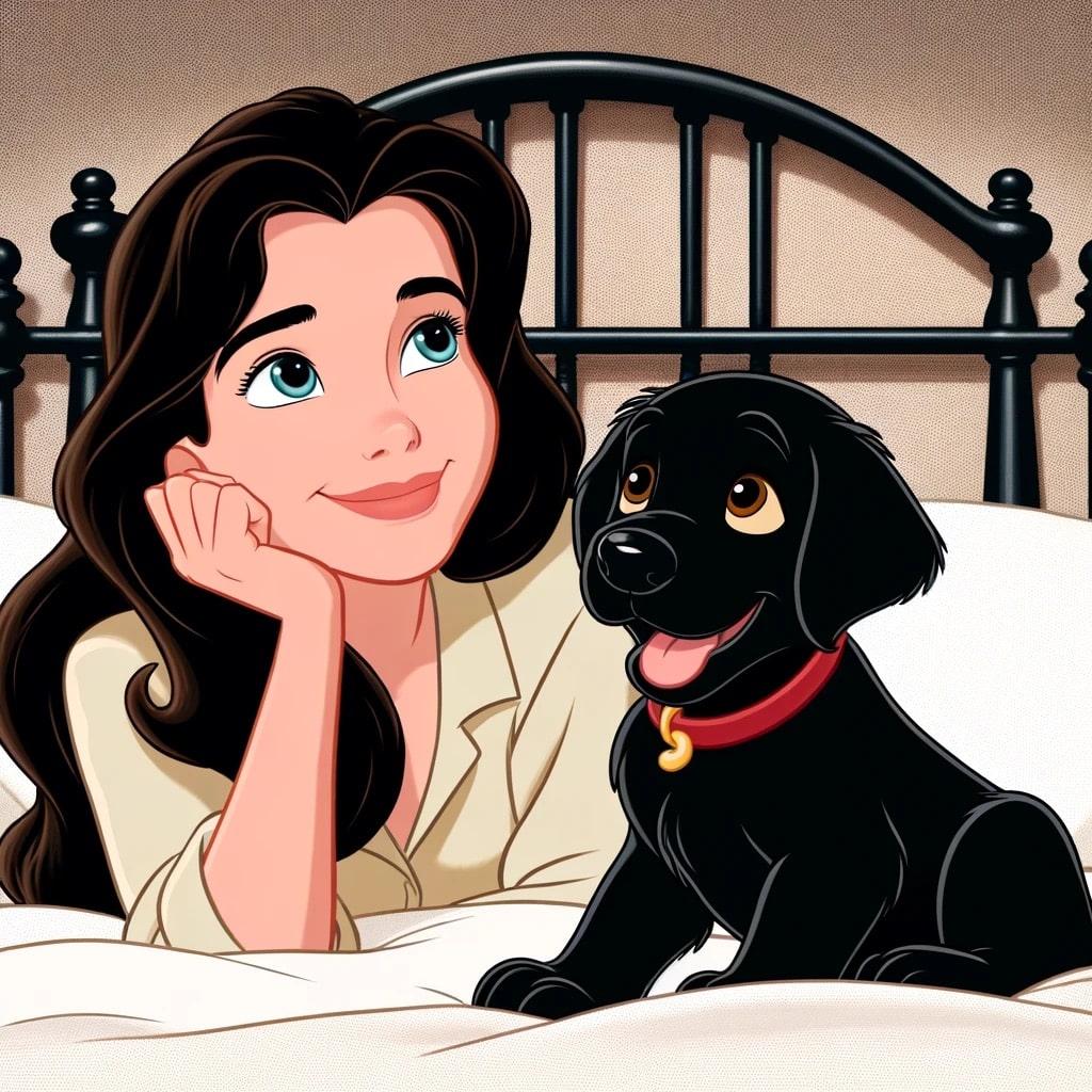 a classic Disney cartoon-style image of a woman with long dark brown hair and blue eyes lying in bed with a black Labrador puppy wearing a red collar