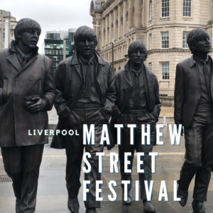 Matthew Street Festival is a music festival held over August Bank Holiday in Liverpool. Originally this festival was set up to honour the music of The Beatles and was held in Matthew Street. Now the event is held at The Pier Head. This Image features The Beatles Statue of all 4 Beatles and it can be found at The Pier Head