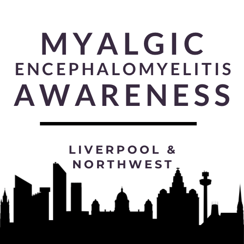 Black text writes Myalgic Encephalomyelitis Awareness | Liverpool and Northwest against a white background with a black outline of the city of Liverpool.