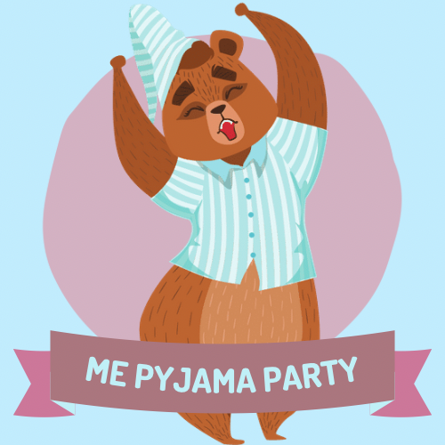 A brown cartoon bear is wearing blue striped pyjamas with a matching hat. The bear is holding his arms up in excitement to help us raise awareness of Myalgic Encephalomyelitis and what it does to the lives of sufferers.