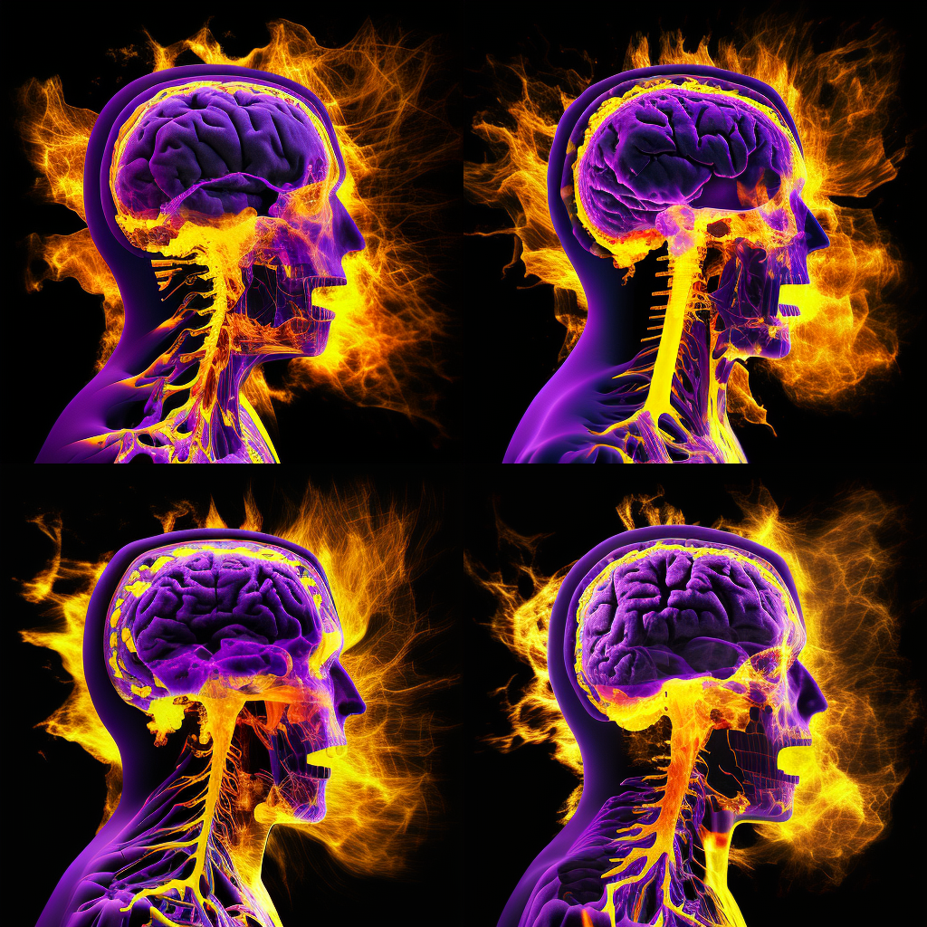 A black background with 4 medical-type pictures showing the head and shoulders from a side view. Each pic shows many different colours coming out of the brain and nerves to represent how hard living with an illness like Myalgic Encephalomyelitis really is.