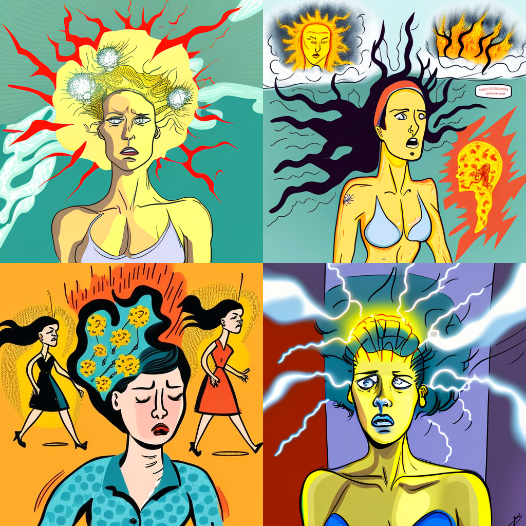 4 cartoon-like drawings of women each having lots of different effects and signals coming from the head or mind to represent it is hard to live with chronic illness when life is all ready hard enough at times