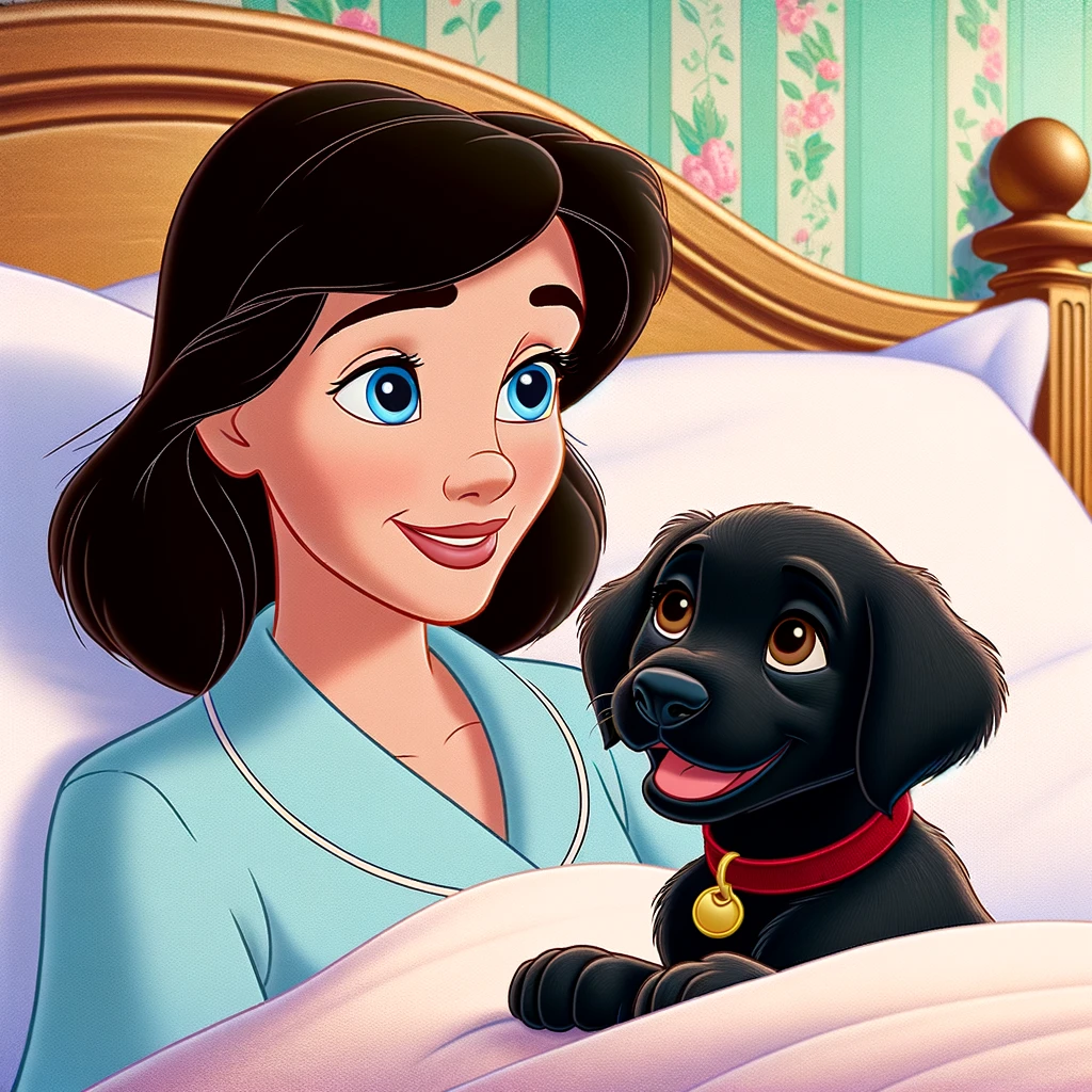 a classic Disney cartoon-style image of a woman with long dark brown hair and blue eyes lying in bed with a black Labrador puppy wearing a red collar