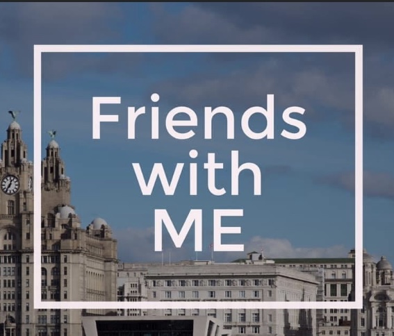 A picture of the Liverpool skyline Over the picture is white text which reads Friends with ME