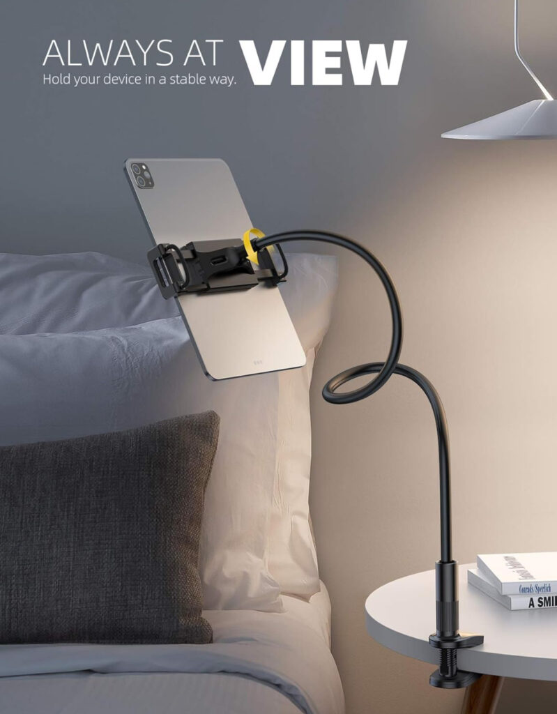 Lamicall Gooseneck Tablet Holder with an ipad set up over a bed