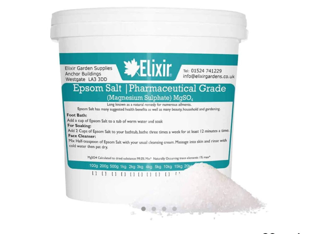 Epsom Bath Salts White Container with Elixir Gardens on the tun and giving information on the grade