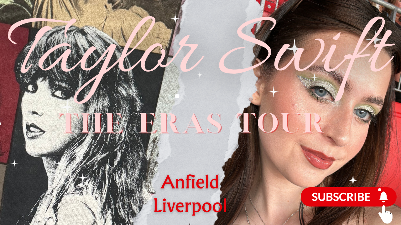 Taylor Swift black and white photograph on the left side of the page with a grey torn effect across the cente of the page. The text reads Taylro Swift The Eras Tour in pink. At the bottom of the page it reads Anfield Liverpool . On the right hand side of the page it has a young woman with dark hair wearing green eyeshadow